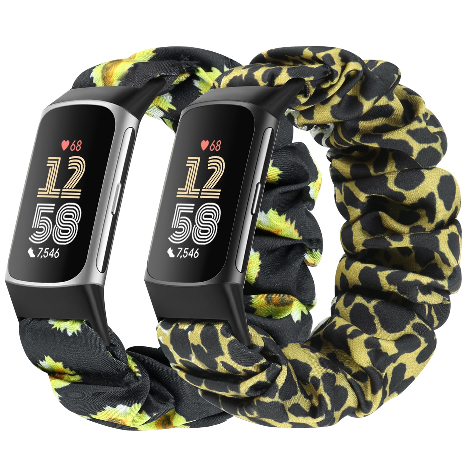 Bcuckood 2 Packs Scrunchie Straps Compatible with Fitbit Charge 6/Charge 5, Soft Cute Pattern Printed Fabric Elastic Solo Loop Cloth Scrunchy Replacement Wristband for Women Girls