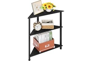 Fogein 3 Tier Corner Shelf, Triangle End/Side Table, Corner Nightstand, Corner Bookshelf with Metal Frame Corner Shelf Stand for Small Space Living Room(Black)