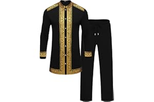 ZSJR Mens African 2 Piece Set Nigerian Dashiki Metallic Traditional Suit Gold Stamp Printed Shirt and Pants Outfit