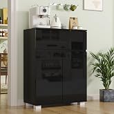MHOM Modern High-Gloss Sideboard Cabinet, Stylish Buffet Cabinet with Drawer &amp; Adjustable Shelf, Sleek Storage Cabinet for Kitchen, Black