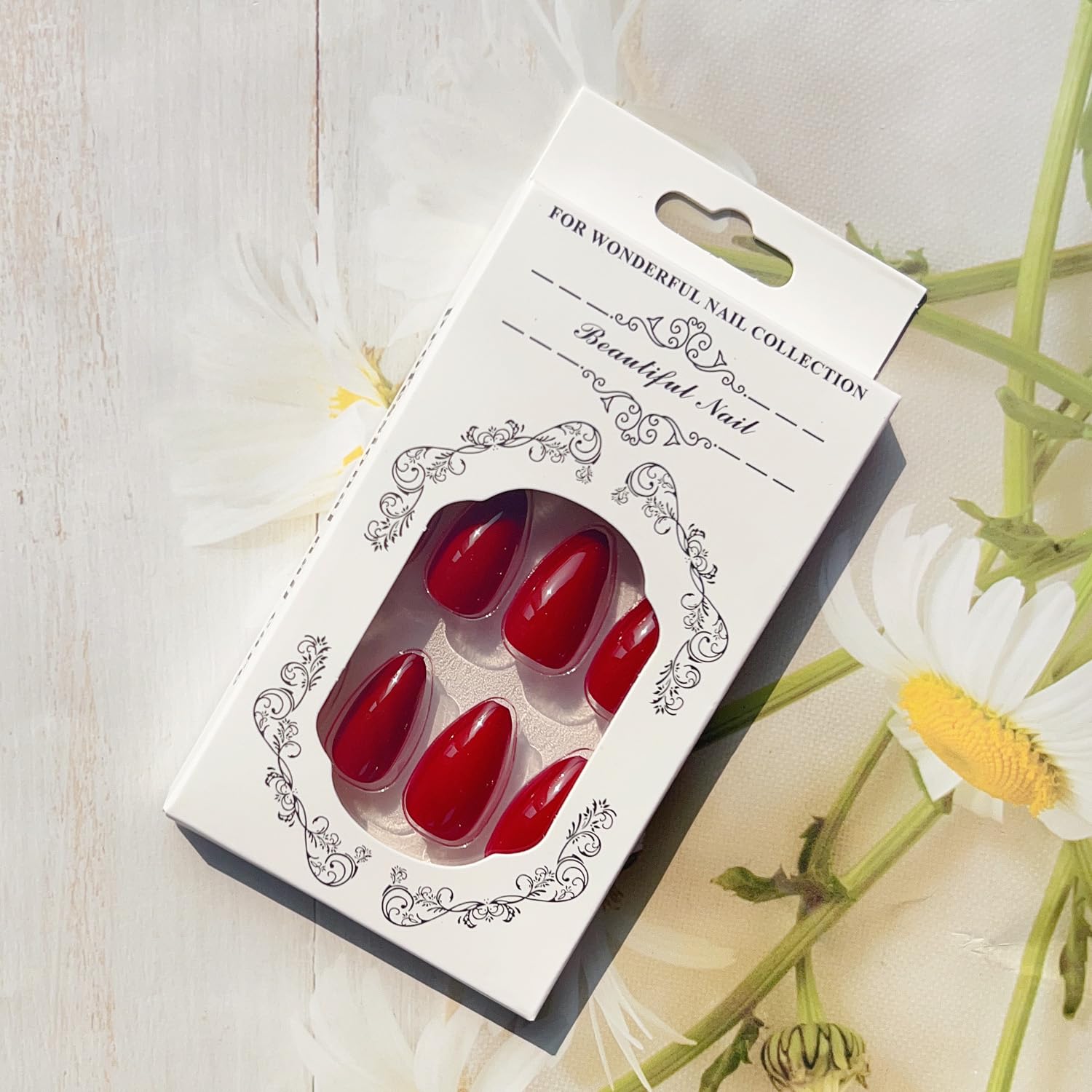 Flower Press on Nails Almond Red Fake Nails - LPOODDNU Cute Flowers Glue on Nails Spring Wine Red Acrylic False Nails Full Cover Stick on Nails Medium Artificial Nails for Women Manicure, 24Pcs - Image 7