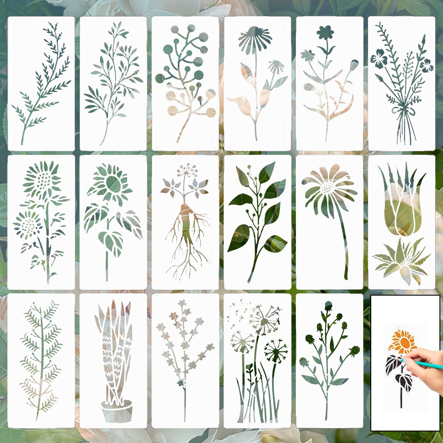 Cipszoely 18 Pcs Botanical Nature Herb Stencils for Crafts - Reusable Plant and Flower Templates for Painting on Wood, Canvas, DIY Art Card, Notebook, Scrapbook, Window, Wall