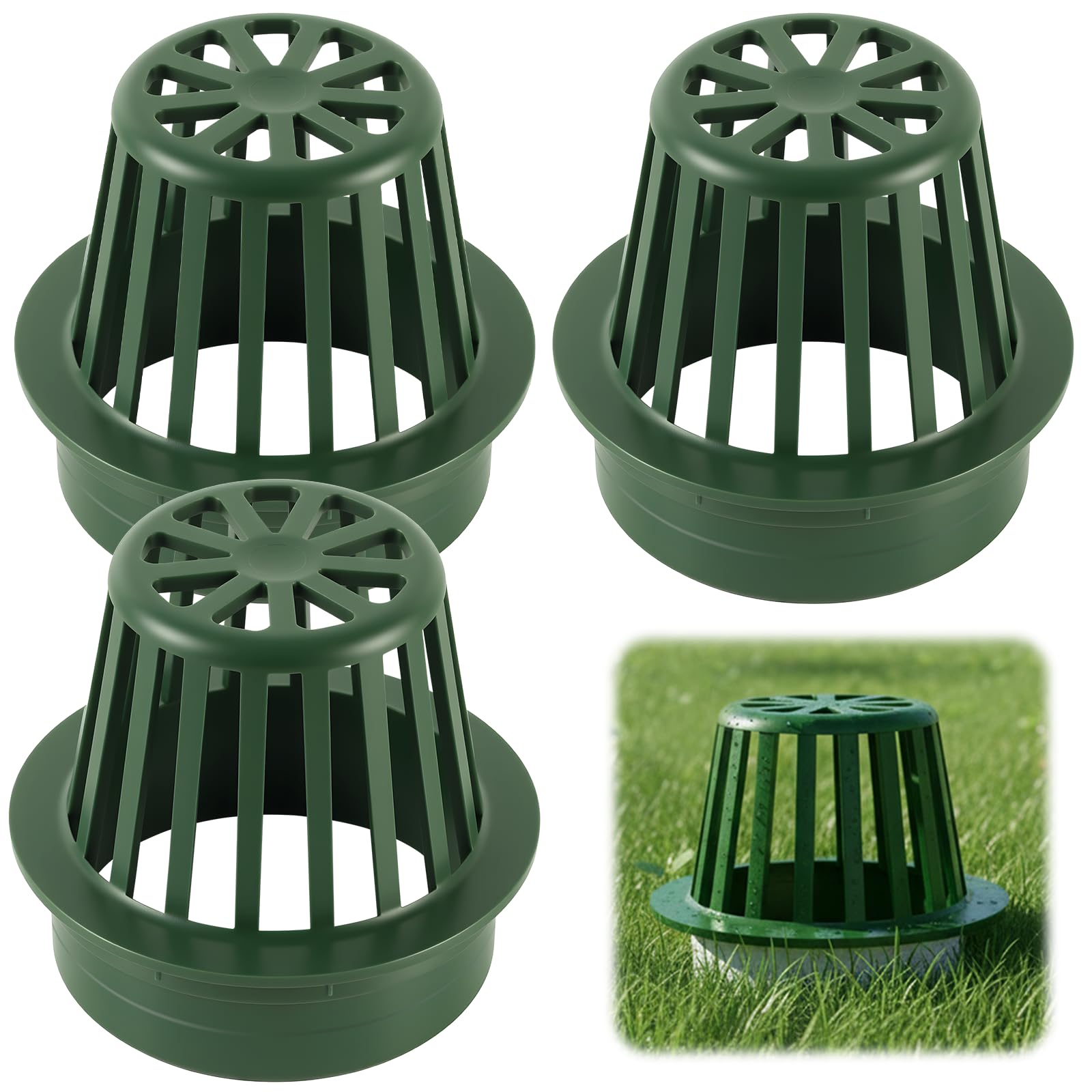 Photo 1 of (3-Pack) Calvana 4” Round Atrium Drain Grate Cover, Compatible with NDS 78A, Fits 4” Sewer and Drain Pipe Fittings, Perfect for Small Lawns, Landscaping, Patios, Extra Tough Polyethylene, Green