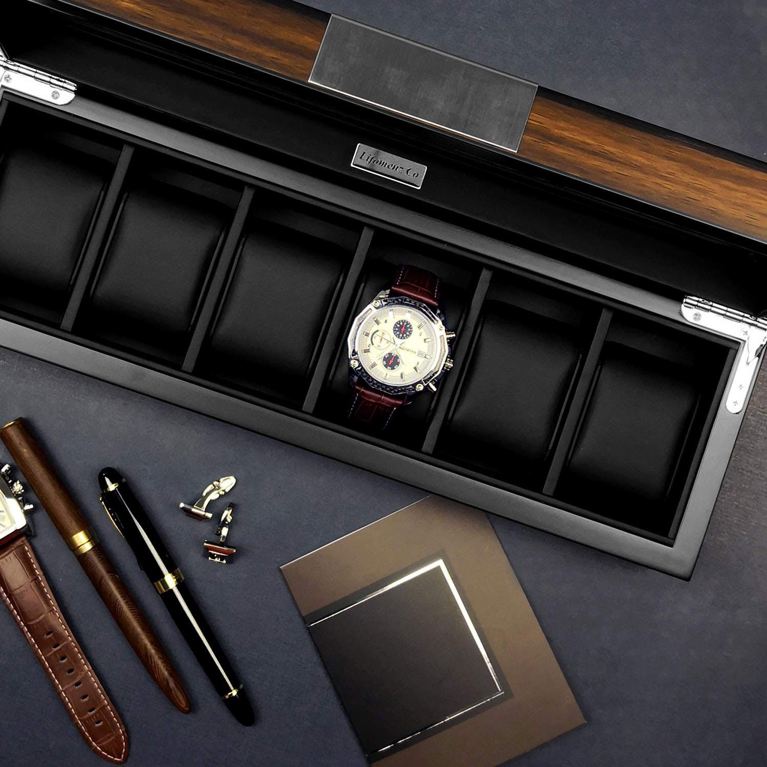 Lifomenz Co 6 Watch Box Organizer - Large Wooden Watch Storage Box Display Case