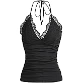 SHENHE Women's Halter Contrast Lace Ruched Backless Tie Back Party Cami Top