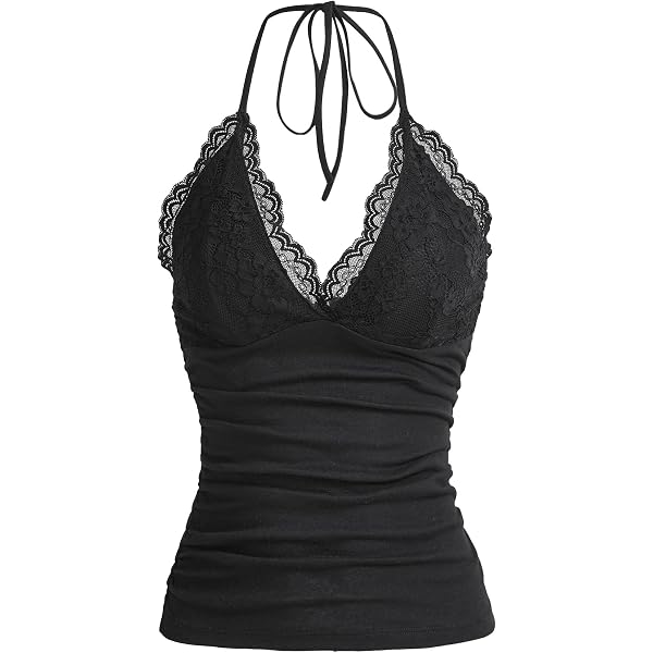 MakeMeChic Women's Halter Top Y2K Lace V Neck Ruched Low Cut