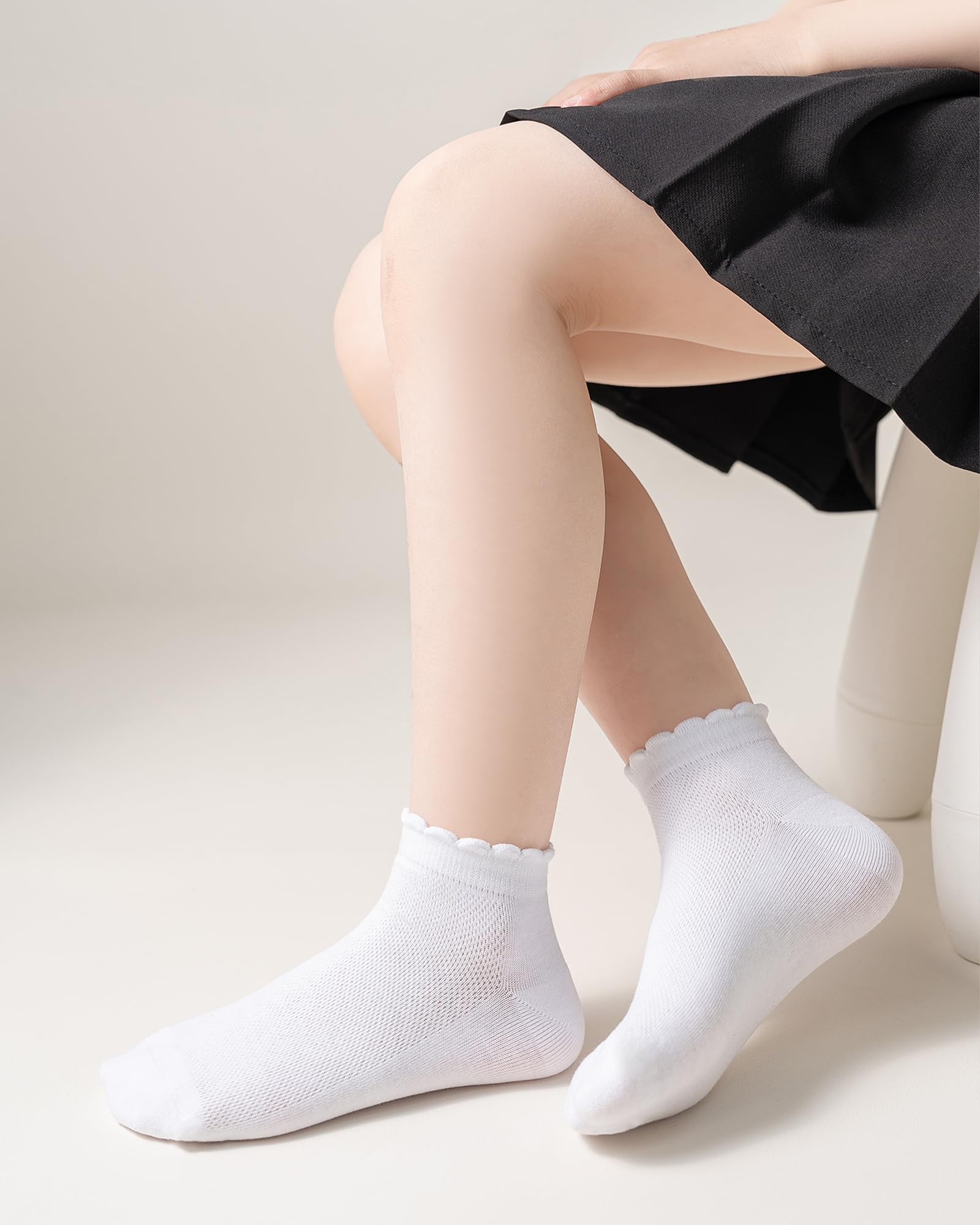 Funjoon Girls White Ruffle Socks School Uniform Kids Cotton Crew Ankle Cute Frilly Dress Socks 6 Pack