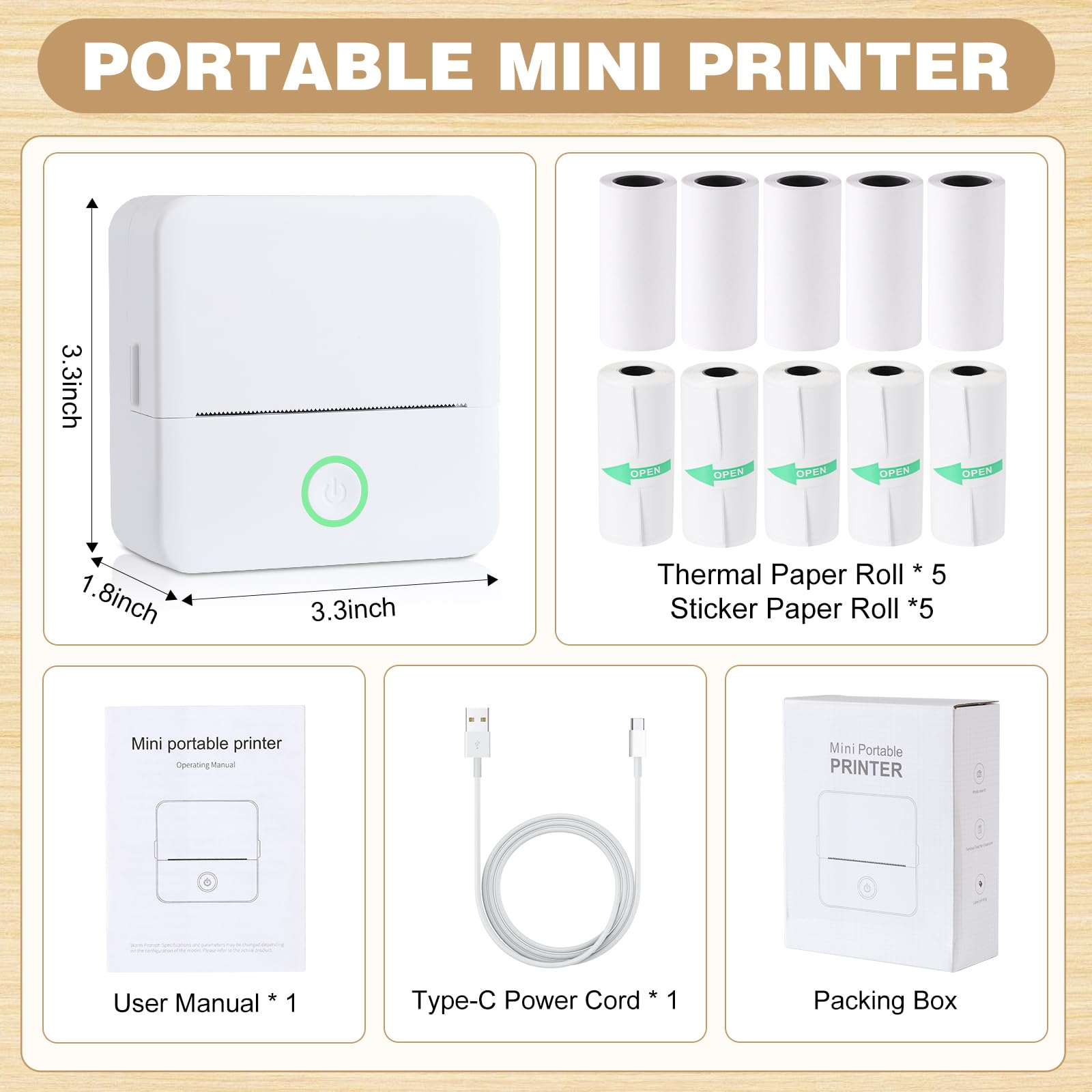 Print Pods Mini Printer, Thermal Inkless Sticker Maker with 10 Rolls Printing Paper, Pocket Printpod for phone, Impresora Portátil for Notes, Flashcards, Journal, DIY, Compatible with iOS & Android