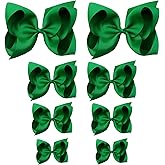 Oaoleer 8PCS Hair Bows for Girls Green Grosgrain Ribbon Boutique Bow Alligator Clips Hair Accessories for Toddlers Little Girls Kids (8inch, 6inch, 4.5inch, 3inch in Pair)