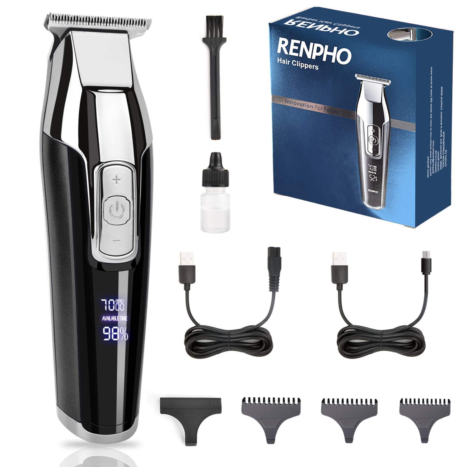 RENPHO Cordless Hair Clippers Beard Trimmer Hair Trimmer Rechargeable Hair Cutting Kit for Men Stainless LED Display Steel Blades 1400mAh Lithium Ion