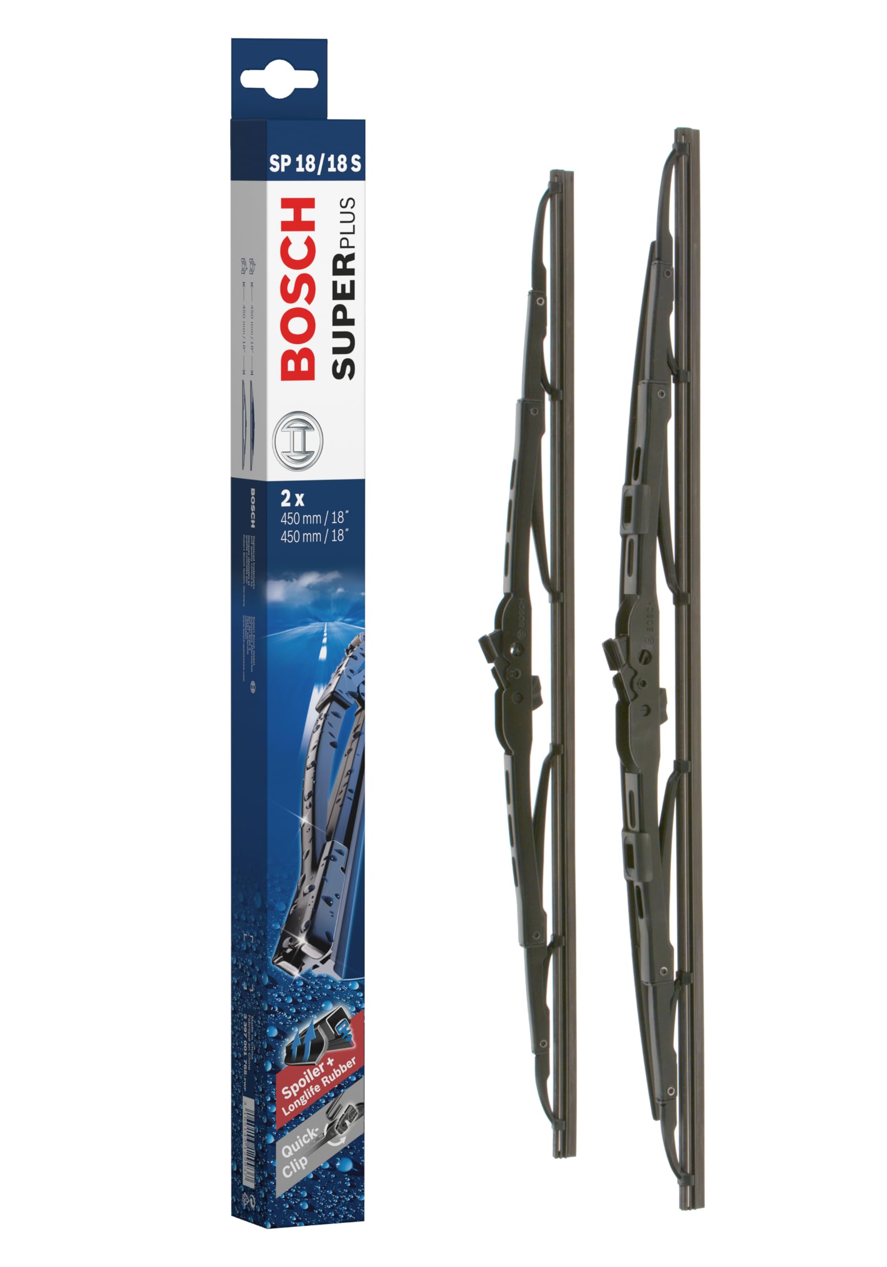 Bosch Wiper Blade Super Plus Spoiler SP18/18S, Length: 450mm/450mm − Set of Front Wiper Blades