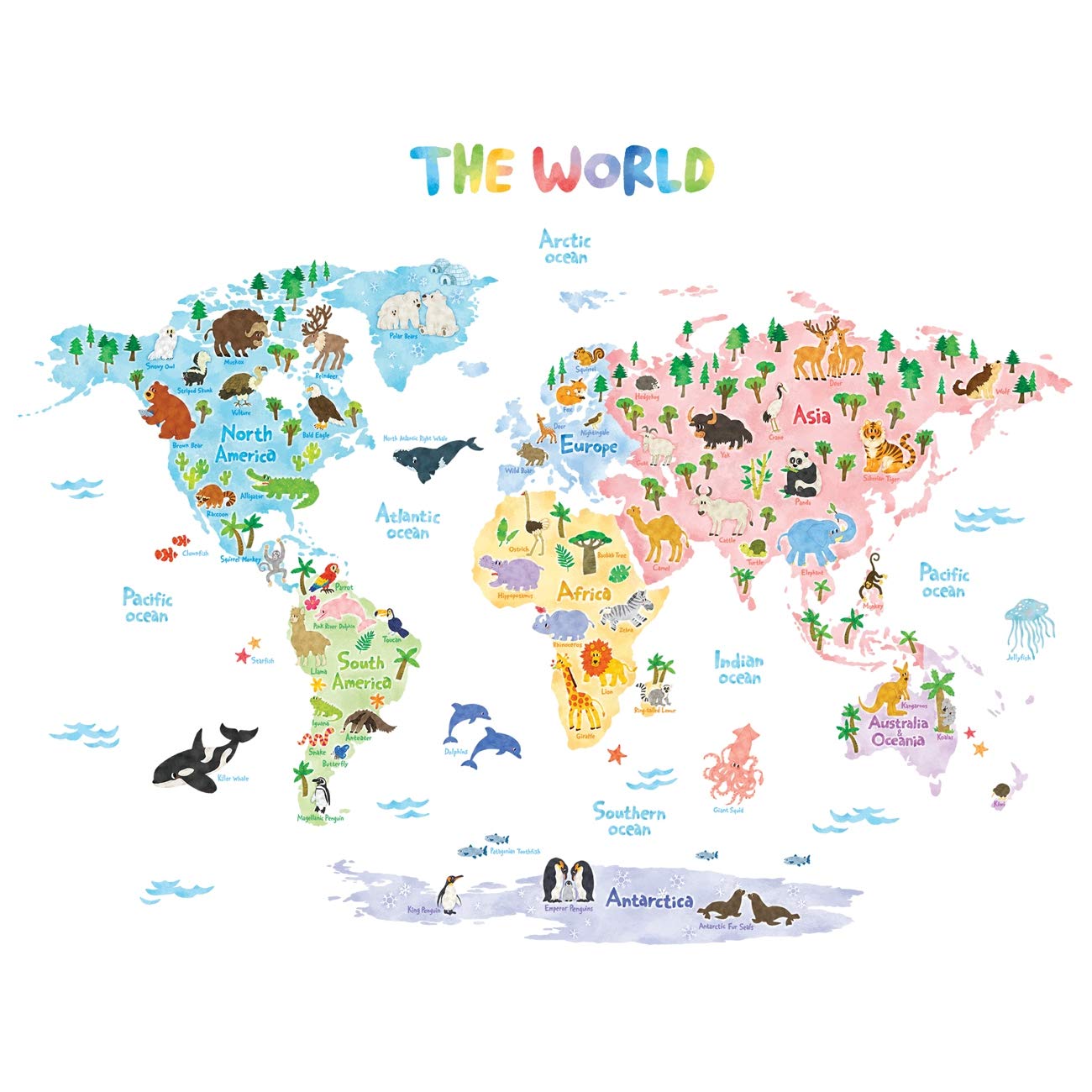 DECOWALL World Map Animal Wall Sticker Wall Decoration for Living Room Bedroom Children's Room (Large, Full Color, Smooth Finish, Thematic (Animals), 103 cm x 85.8 cm)