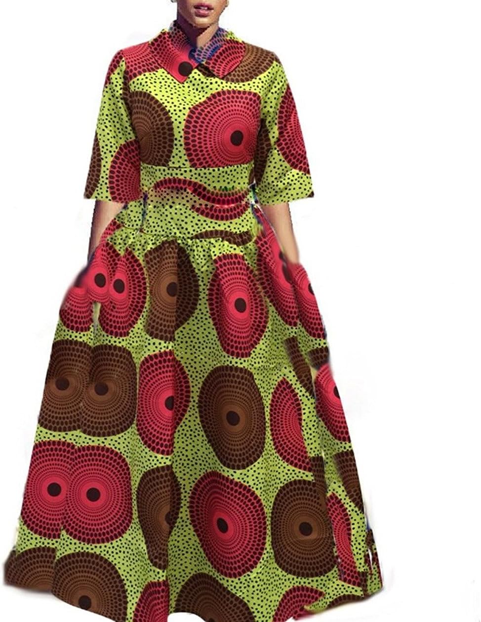 Sherrylily Women Plus Size 3/4 Sleeve African Graphic Printed Maxi Dress Lapel Collar High Waist A-line Dress