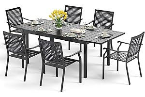 PHI VILLA Outdoor Patio Dining Table and Chairs Set of 7 Pieces Patio Furniture Set Metal Extendable Dining Table and 6 Black Chairs for Bistro Backyard Garden