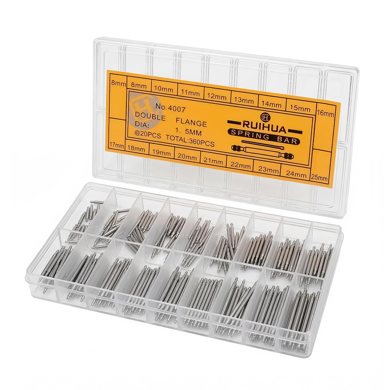 Flexzion Watch Band Pins Replacement Kit - 360pcs 8‑25mm Stainless Steel Spring Bars Watch Pins Assorted Sizes for Strap Repair, Men & Women Bands with Organized Storage Box
