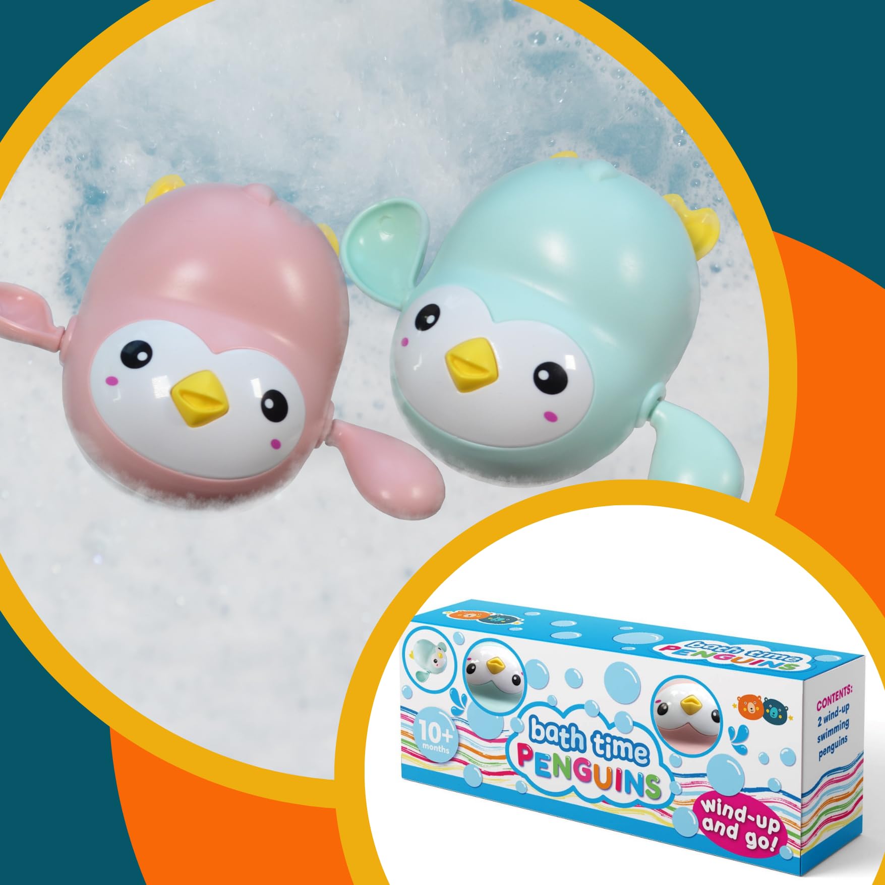 Buddy & Barney Bath Time Toy Penguins Set of 2 Wind-Up and Go Swimming Toys, Baby or Toddler Gifts