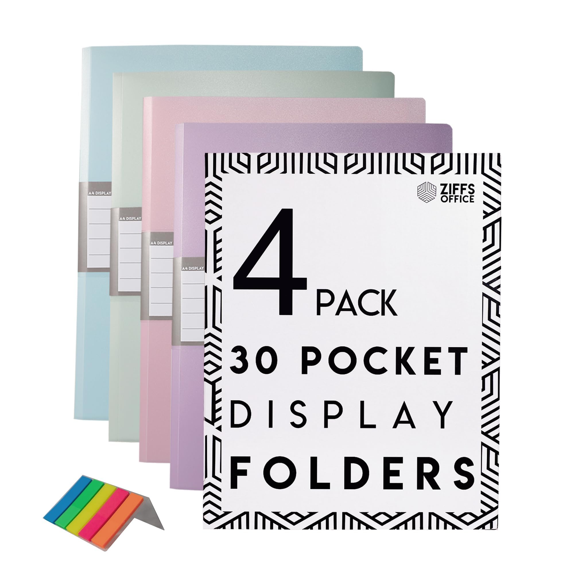 Ziffs Office® 4 x 30 Pocket A4 Display Folders - Pastel Coloured A4 Display Folders with Plastic Pockets - Display Book - Presentation Folders - 250 Sticky Labels Included - British Brand