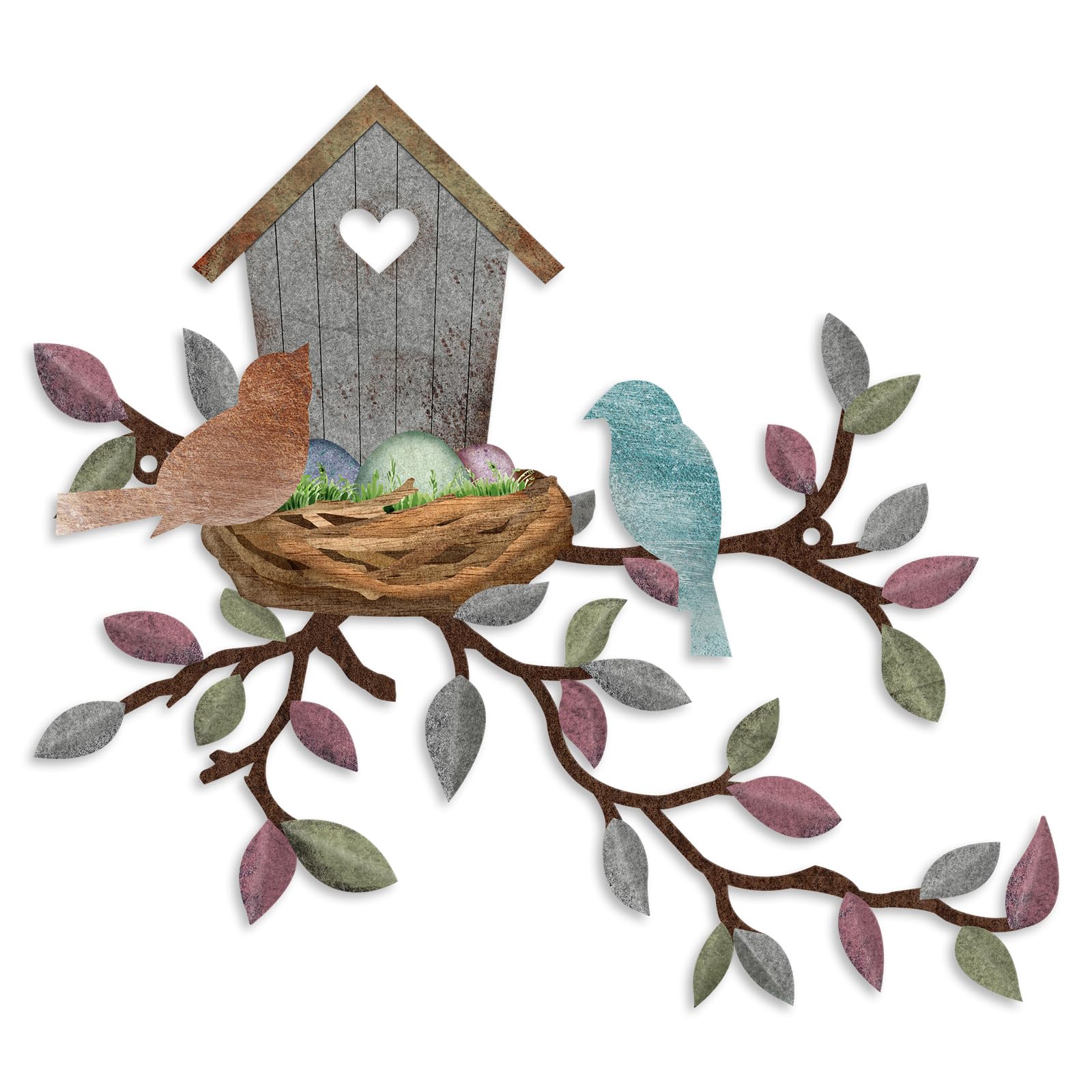 Photo 1 of Rustic Metal Wall Decor, Leaves Wall Art Birdhouse, Wall Hanging for Living Room, Kitchen, Garden, Patio, 10.6 x 12 Inch, Light Grey