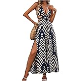 SweatyRocks Women's High Split Tie Backless Cut Out Halter Maxi Dresses Boho Vacation Long Dress