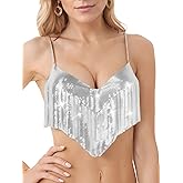 SEAUR Women's Sexy Top Metallic Sequin Halter Fringe Tops Adjustable V Neck Crop Tank with a Pair of Sticky Bra One Size