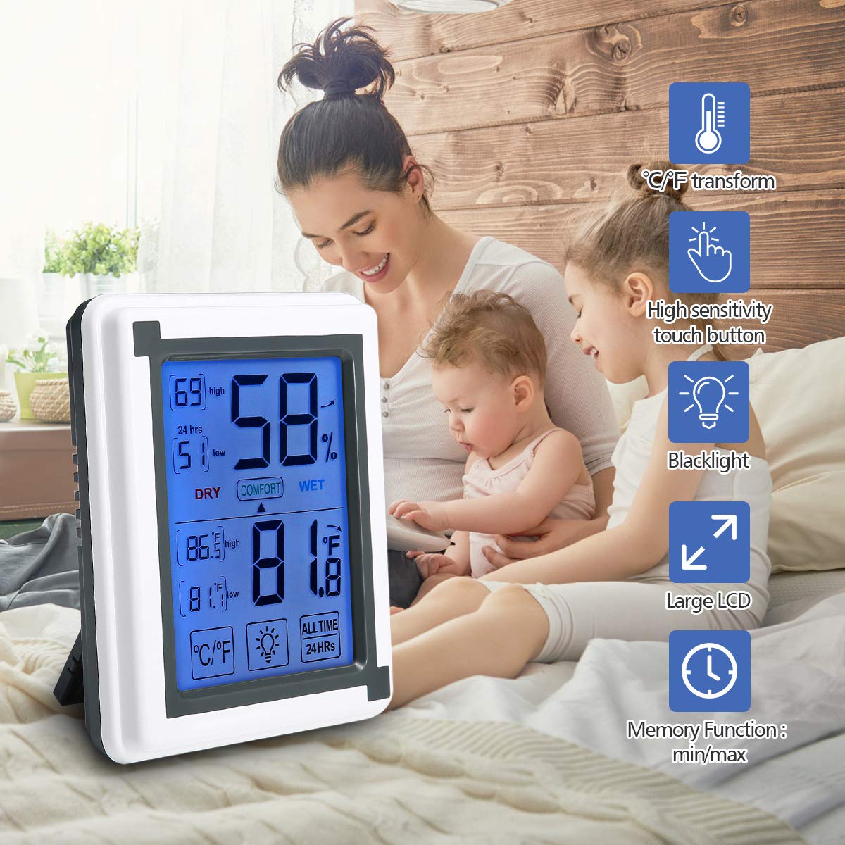 6 IN 1 Thermometer innen Thermo-Hygrometer von MOHOO, Hygrometer, komfortable Funk-Wetterstation, Feuchtigkeitsmesser, Temperaturmesser, Wecker, Datumsanzeige, Nachtlichtfunktion, 9.2cm x 9.2cm