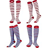 Syhood 4 Pairs Halloween Red and White Striped Socks - Blue Novelty High Stretch Cotton Knee Socks for Women Youth