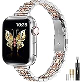 MioHHR Slim Metal Band Compatible with Apple Watch Band 42mm(Series 11 10) 41mm(Series 9 8 7) 40mm(Series 6 5 4 SE3/2/1) 38mm(Series 3 2 1),Stainless Steel iWatch Bands for Women,Silver/Rose Gold