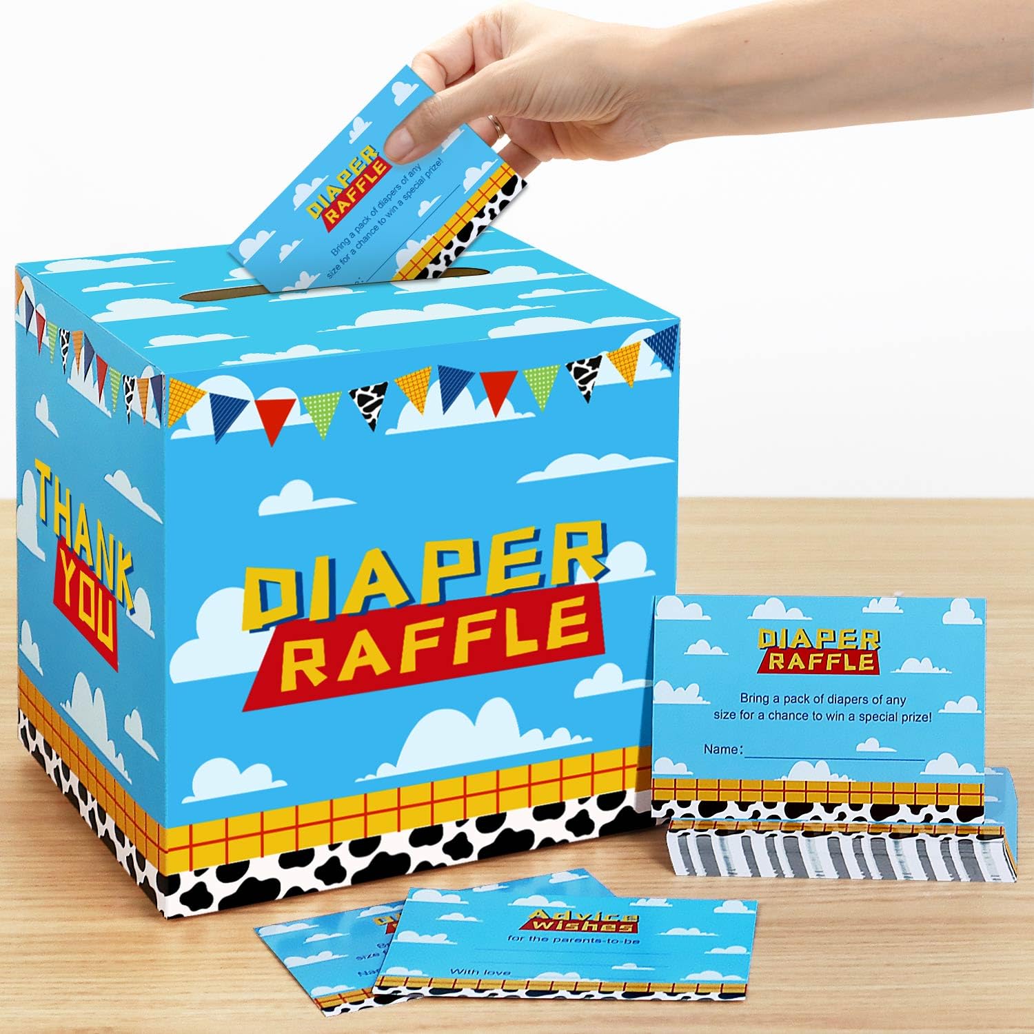 Photo 1 of Boy Story Baby Shower Decorations Diaper Raffle Box with 50 Tickets Cards,It's A Boy Story Baby Shower Theme Game