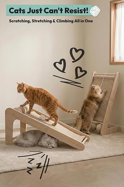 POMESEA CAT SCRATCHER FOR INDOOR CATS, L-SHAPED CAT SCRATCHING BOARD & RAMP, SOLID WOOD CAT SCRATCH PAD, WITH HANGING BALL & 3 BOTTOM PLAY BALLS, IDEAL FOR ALL CATS (WOOD GRAIN, L)