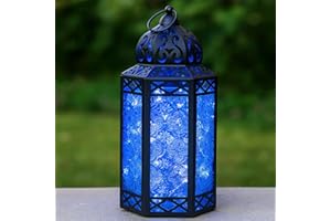 VELA LANTERNS 12" Black Metal Moroccan Decorative LED Fairy Lights Candle Lantern Holders for Hanging or Table, Indoor Home Decor, Outdoor Patio or Porch, Weddings, Blue Glass, Large