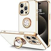Hython for iPhone 15 Pro Max Case with Ring Stand, 360° Rotatable Ring Holder Magnetic Kickstand, Plating Rose Gold Edge Soft Cover Protective Phone Case for iPhone 15 Pro Max 6.7", White
