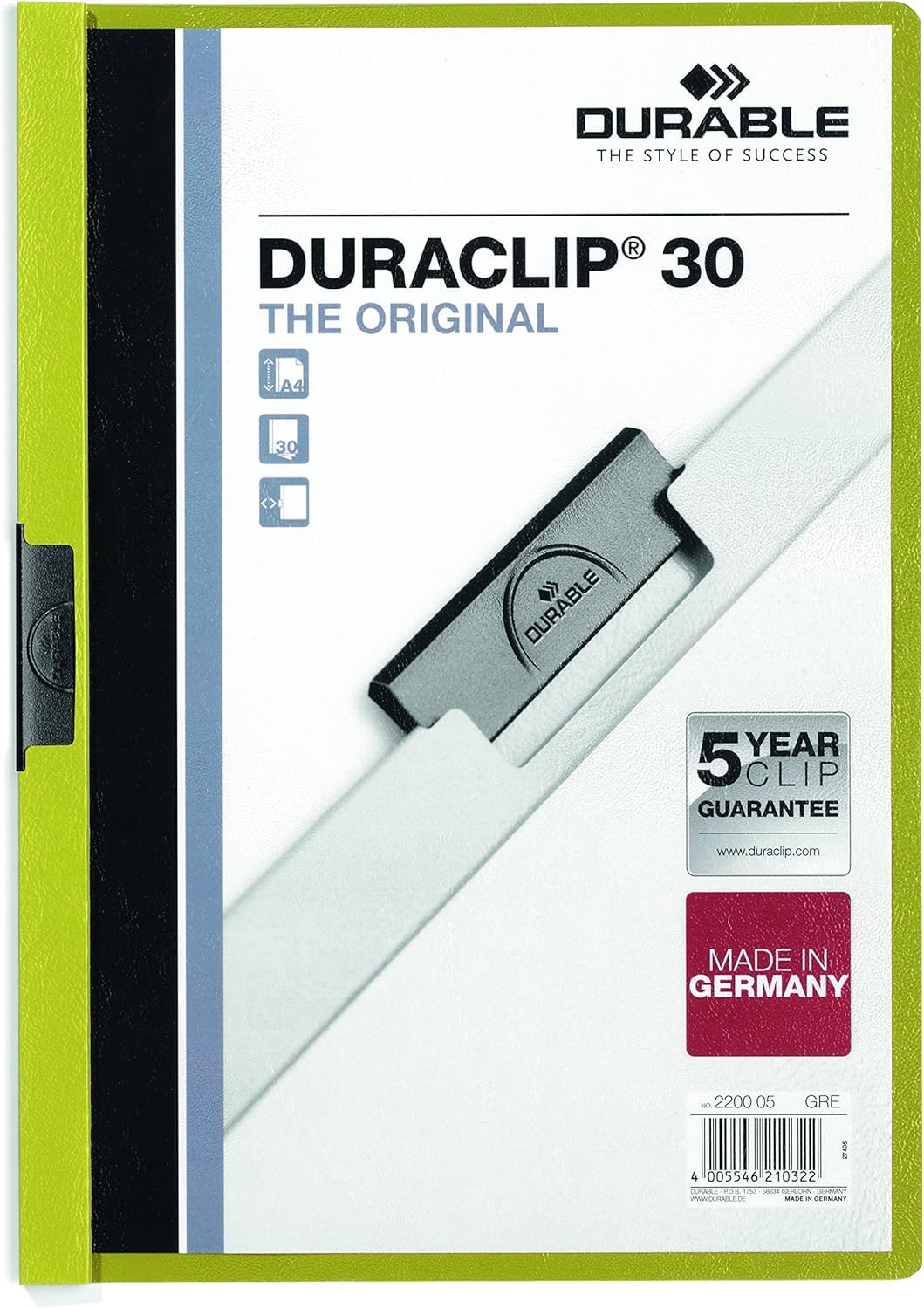 Durable DURACLIP 30 A4 Clip Folder - Holds Up to 30 Sheets of A4 Paper - Strong Metal Sprung Clip - Pack of 25 Green Colour Folders for Organising Documents