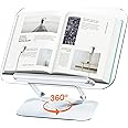 Acrylic Book Stand for Reading, Adjustable Book Holder with 360° Rotating Base & Elastic Page Clips, Foldable Desktop Riser Stand for Cookbook,Laptop,Tablet,Music Scores,Recipe,Textbook
