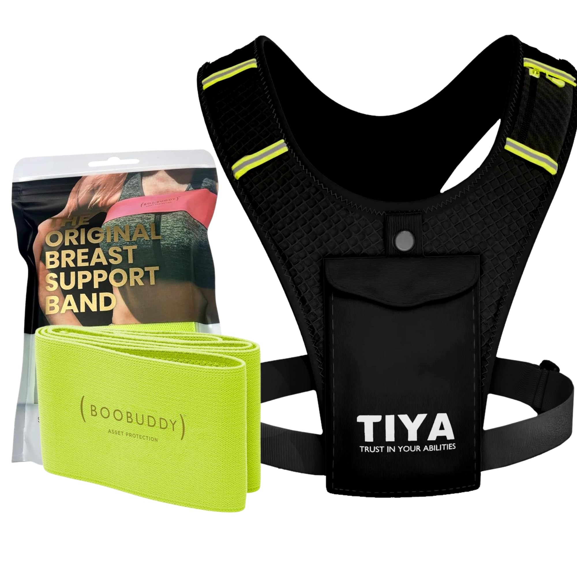 TIYA Women's Running Vest + Boobuddy Breast Support Band - Zero Bounce Runners Accessory Set - 100% Waterproof Phone Holder Pouch (Black/Yellow) & High Impact Compression Chest Strap (Green), Small