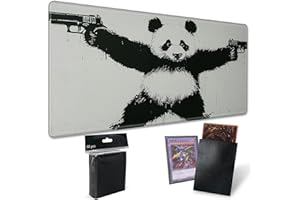 SROJDHFJB Playmats for Magic: The Gathering MTG Card Game Mat Plus 50 Pcs Card Sleeves, 24 x 14 inch TCG Mat with Stitched Edge for Commander Deck Duskmourn Board Game, Panda with Guns