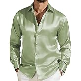 Barry.Wang Shiny Mens Satin Shirt Long Sleeve Silk Like Casual Dress Button Down Shirts Solid Silky Party Disco Show