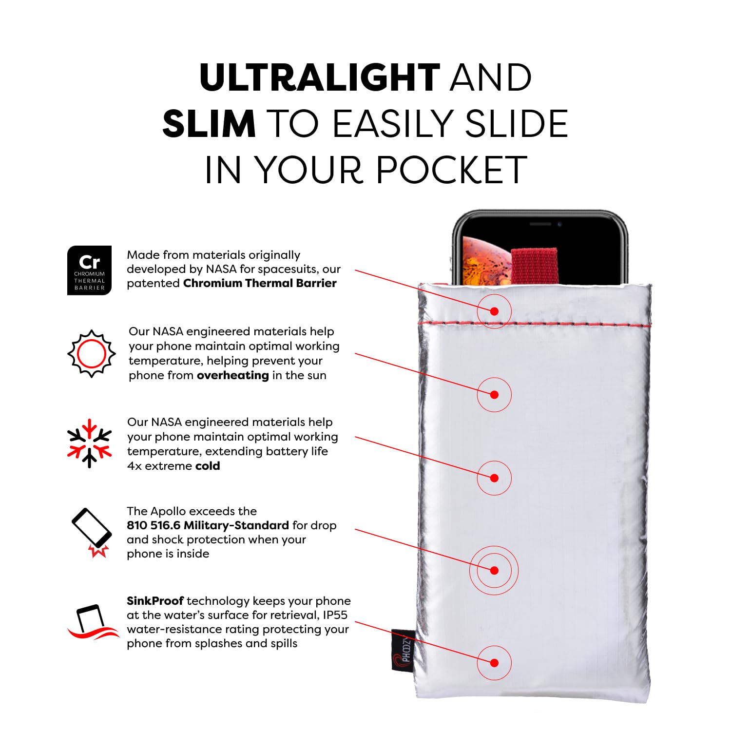 PHOOZY Apollo Thermal Phone Case | Insulated Phone Pouch Extends Battery Life 3X in Freezing Weather | Cold Resistant Drop Protection | Military Grade Water Resistant | Large | Silver