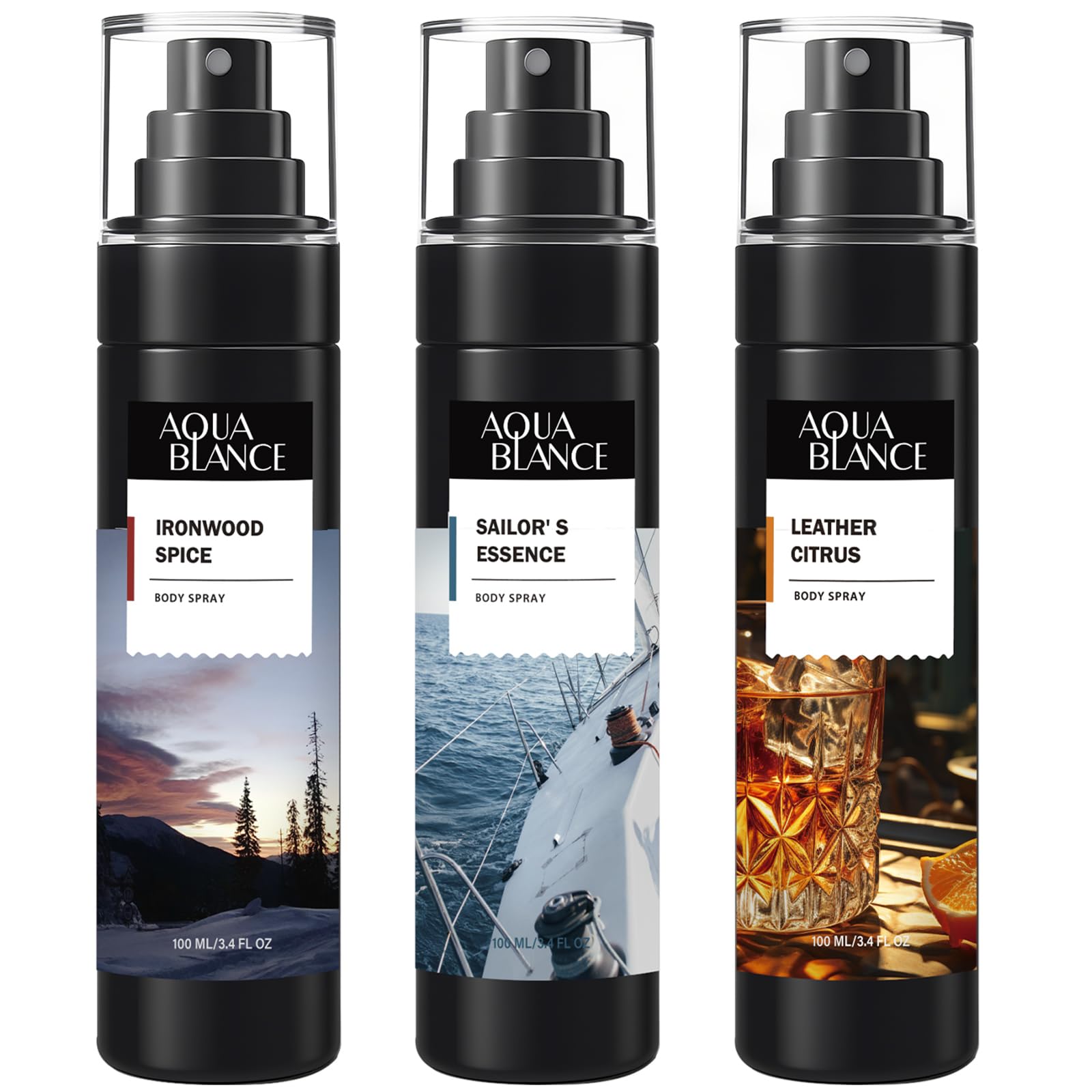 Photo 1 of AQUA BLANCE Body Spray for Men, Mens Body Refreshing Spray, Long Lasting, Pack of 3, Each 3.4 Fl Oz, Total 10.2 Fl Oz, Ironwood Spice, Sailor' s Essence, Leather Citrus