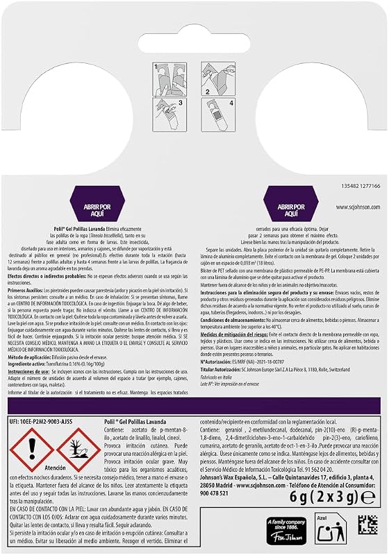 Gel Antipolillas Fragancia Lavanda, perfuma el armario y protege la ropa, dura hasta 3 meses, Pack 24 x 2 = 48 unidades