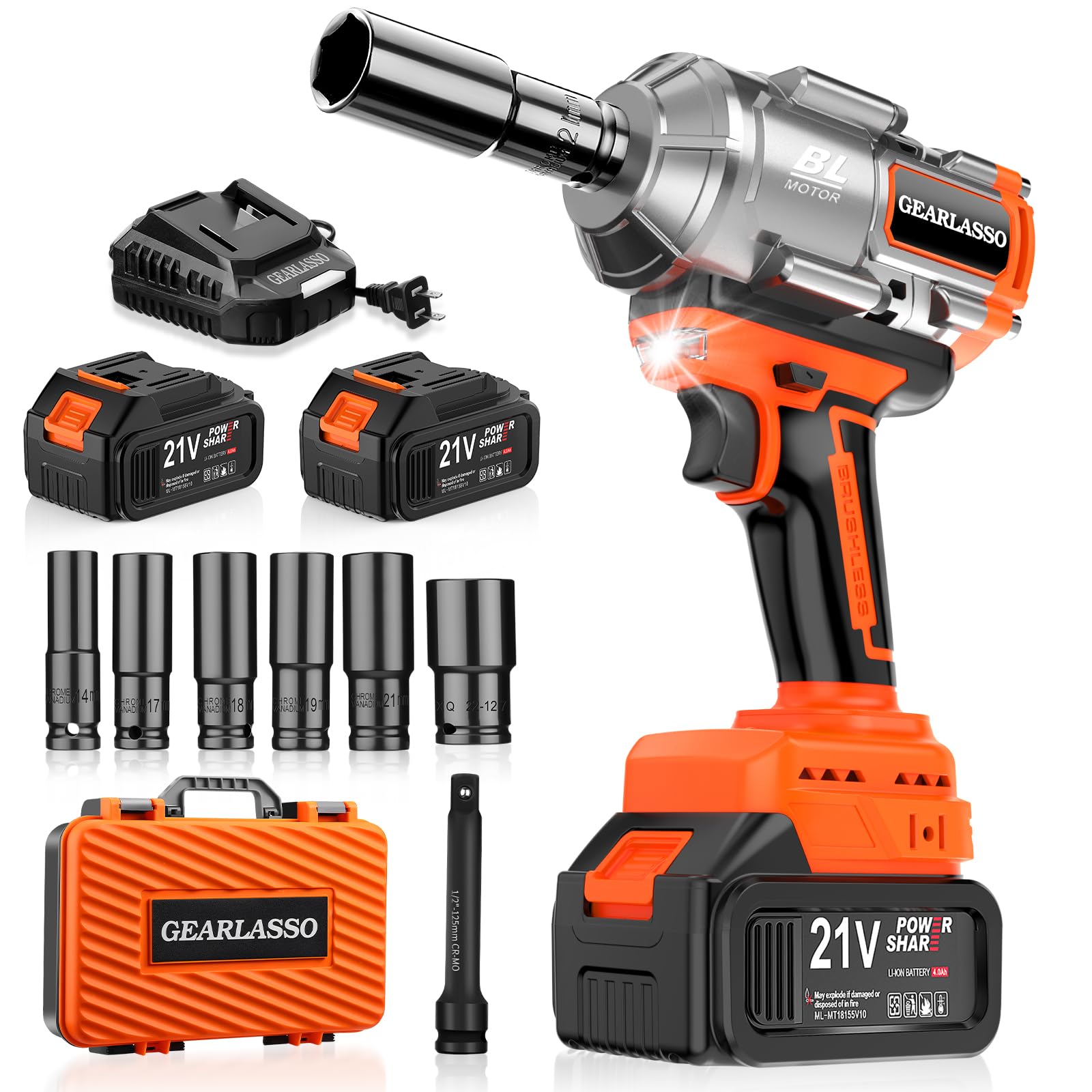 Photo 1 of GEARLASSO 1600Nm(1200Ft-lbs) High Torque Cordless Impact Wrenches 1/2" Brushless Impact Gun Wrench with 2 x 4.0Ah 21V Batteries, 6 Sockets, Extension Bar, Variable Speeds for Home/Car/Truck/RV/Mower