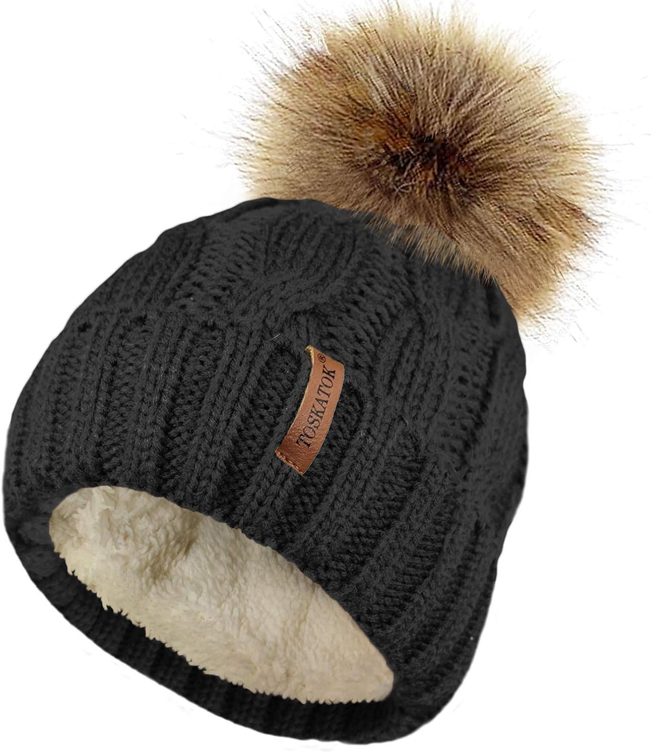 TOSKATOK Ladies Chunky Soft Cable Knit Hat with Cosy Fleece Liner and Detachable Faux Fur Pompom-Black