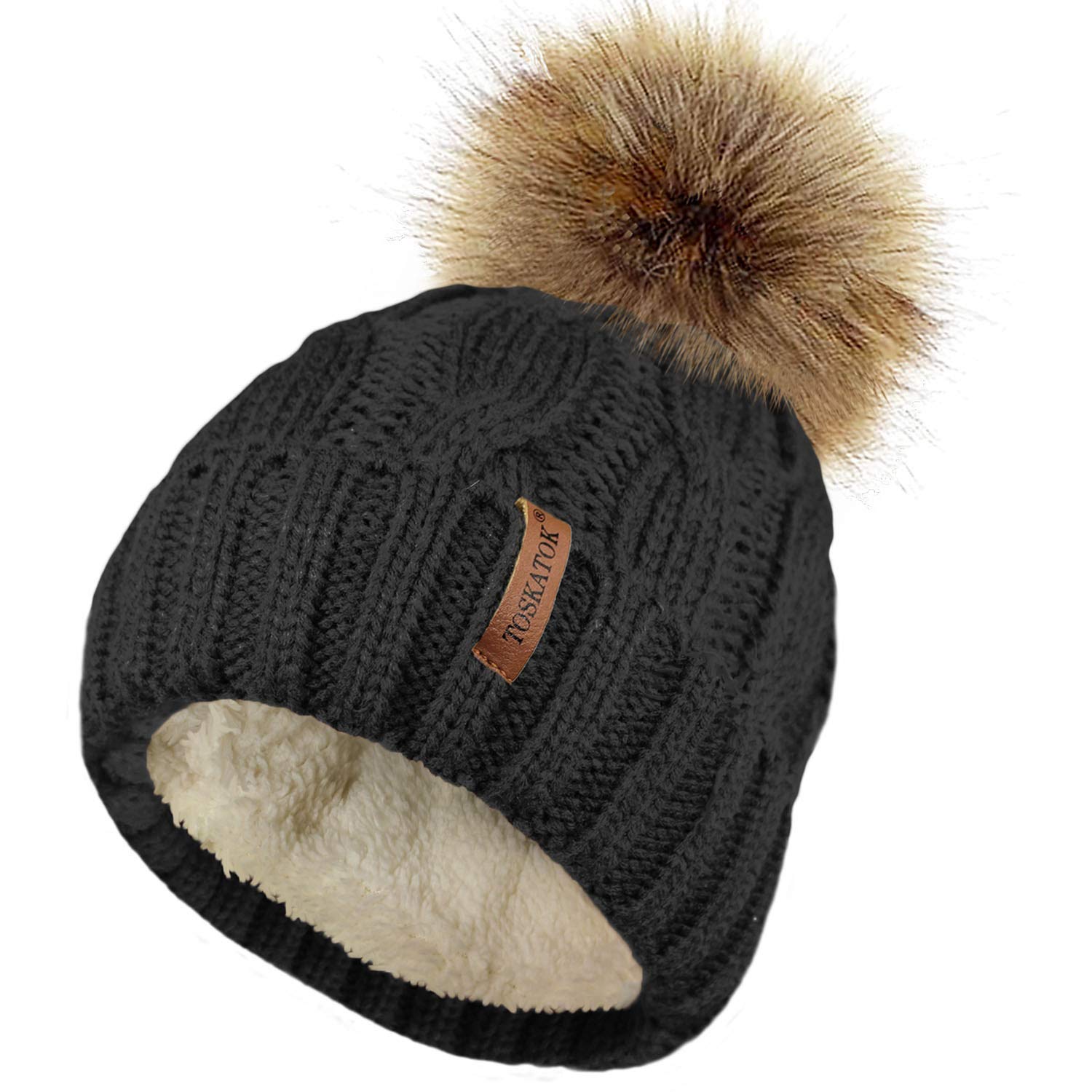 TOSKATOK Ladies Chunky Soft Cable Knit Hat with Cosy Fleece Liner and Detachable Faux Fur Pompom-Black