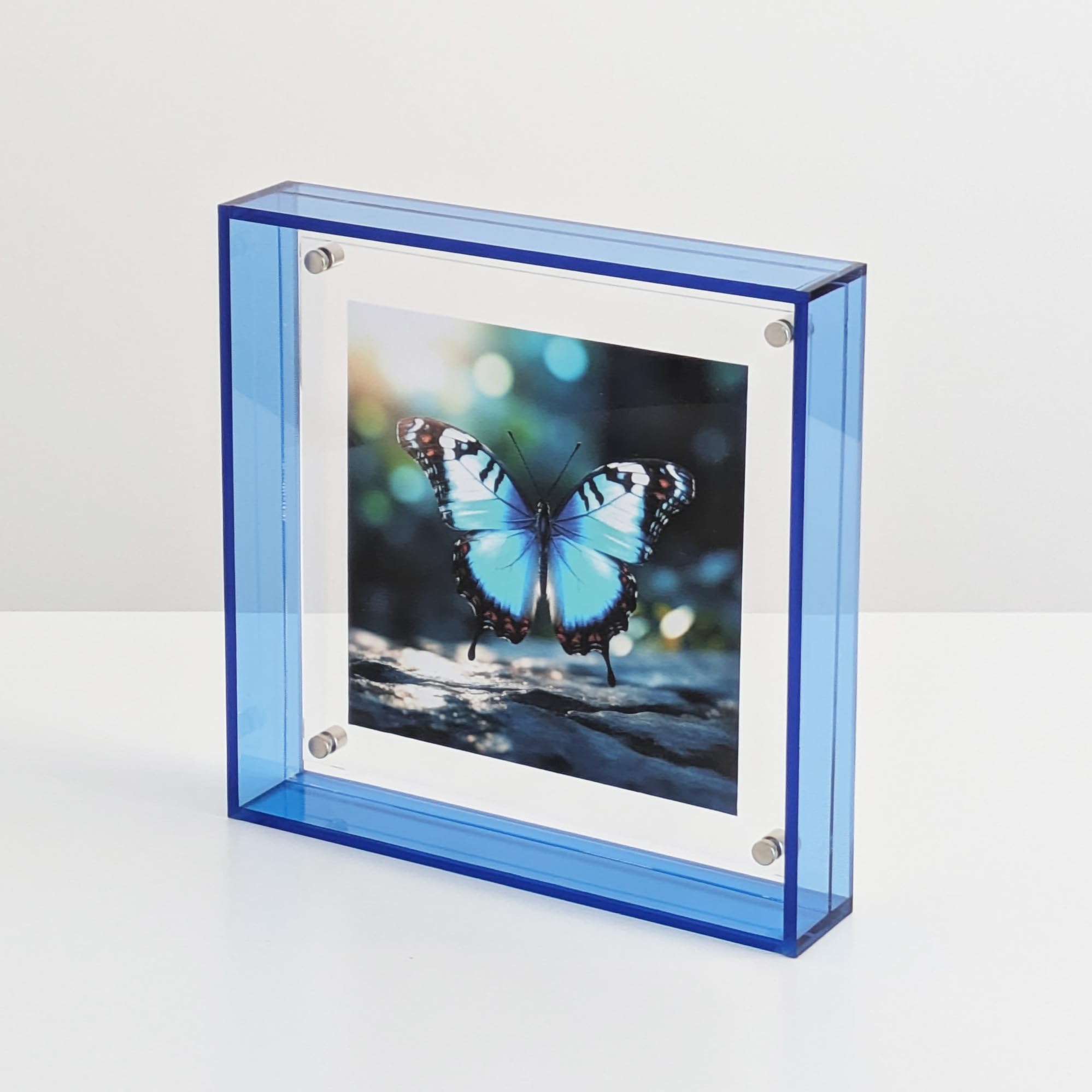 Photo 1 of PLUSCHEN Acrylic 6x6 5x5 4x4 3x3 Floating Picture Frame Modern Desktop Display Photo Frame (Blue)