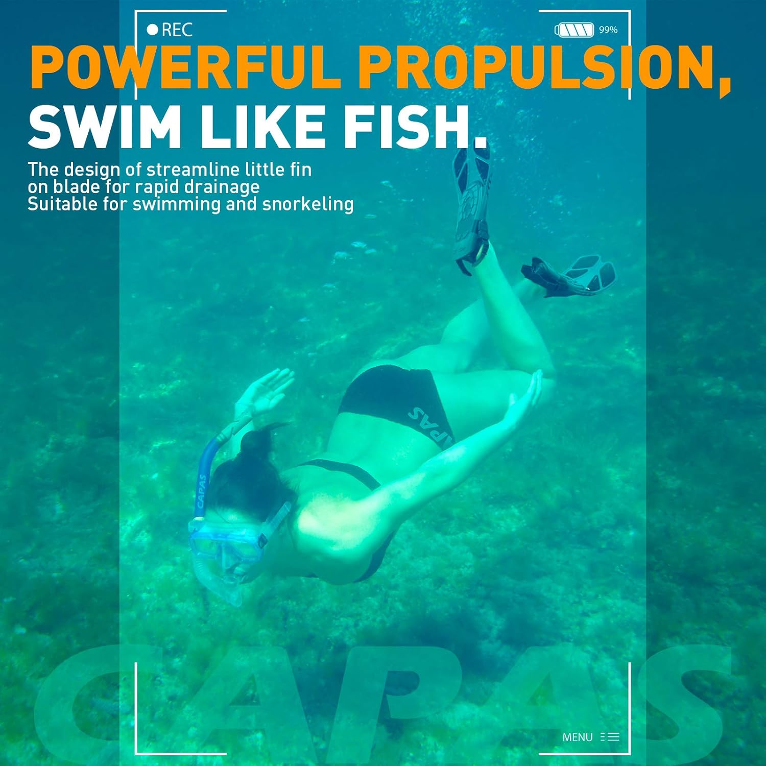 CAPAS Swim Fins, Snorkel Fins with Travel Size Short Fins for Snorkeling Diving Adjustable Open Heel Flippers for Men Women Youth : Sports & Outdoors