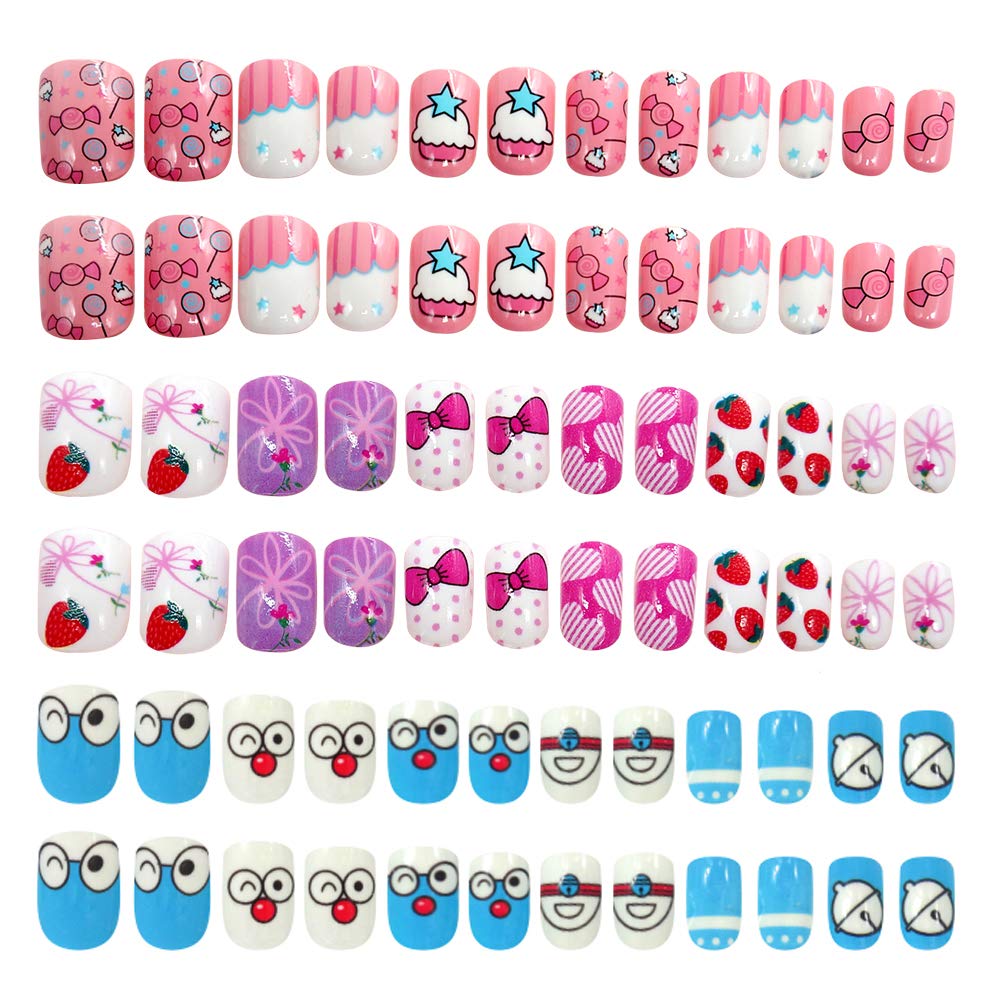 iFancerKids Press On Nails Set Girls False Nail Kits Pre Glued Fake Nail Tips for Child Cartoon Pattern Collection Great Gift for Little Children Teens 3 Packs 10 Sizes 72 PCS