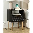 AEPOALUA Nightstand,Small Bedside Table with Gold Frame,Morden Night Stand,End Table,Bedside Furniture,Side Table with Drawer and Shelf for Bedroom,Living Room (Modern-1Ddrawer, Black-pane-Outlet)