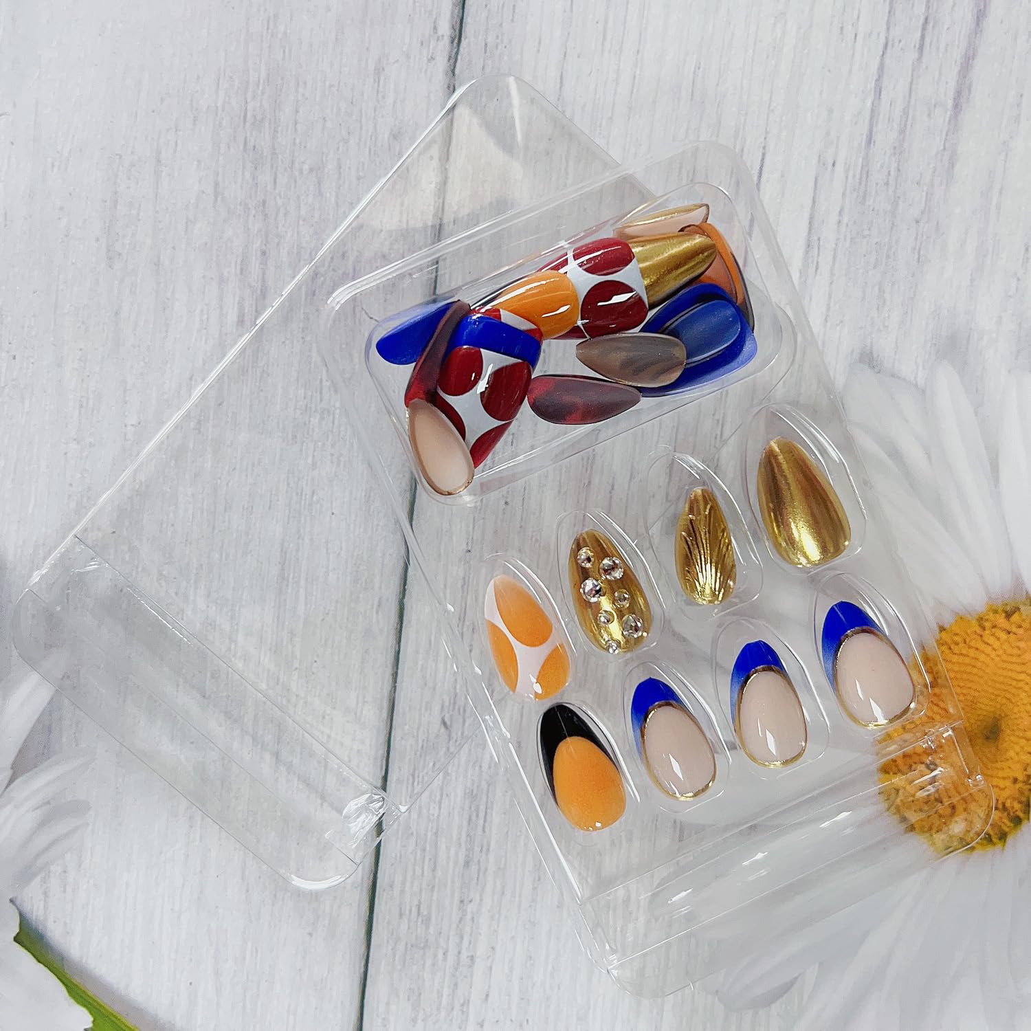 LPOODDNU French Stereoscopic Press on Nails Almond Shaped Autumn Winter Metallic Effect Fake Nails Medium Length Glue on Nails Multicolored 3D Handmade Acrylic Nails Cute Stick on Nails for Women - Image 5