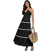 Verdusa Women's Tie Back Halter Long Dresses Striped A Line Flowy Birthday Maxi Dress Streetwear