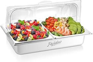 Fajiduo Countertop Ice Food Serving Display Container, Spice Display Salad Dressing Cooler, Stainless Steel Food Serving Tray Buffet Condiment Dispenser with Clear Roll Top Cover