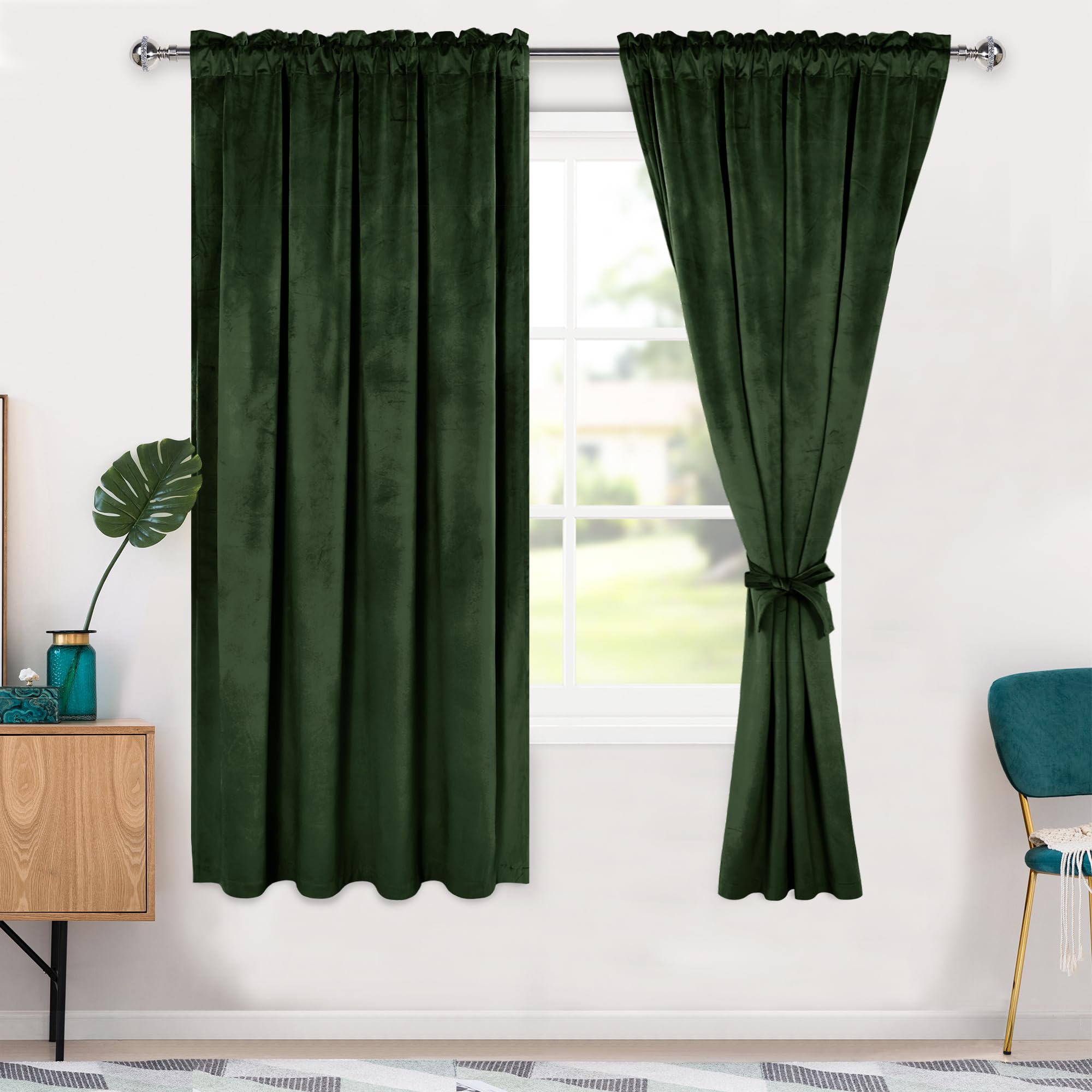 Photo 1 of Hiasan Velvet Curtains 63 inches-Blackout Thermal Insulated Solid Soft Curtains for Bedroom Living Room Rod Pocket Room Darkening 2 Panels Window Drapes with Tiebacks, 52W x 63L, Olive Green